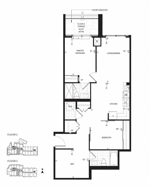 Floor plan for 2 beds, 2 baths, 967 sqft